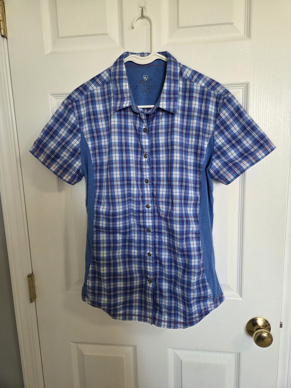 Kuhl Women's Blue Plaid Short Sleeve Button Shirt with Solid Side Panels